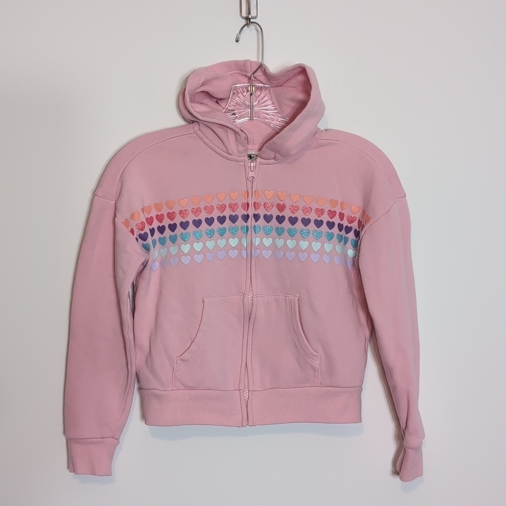 Pink Zip Up Hoodie Sweatshirt with Glitter Hearts Graphic